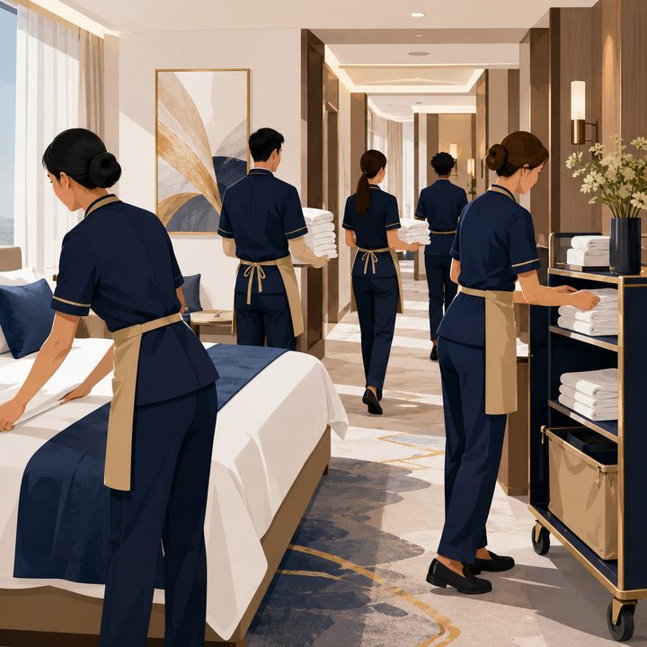 ネイビーの制服で働く清掃スタッフのチーム。繁忙期の人員確保に強い