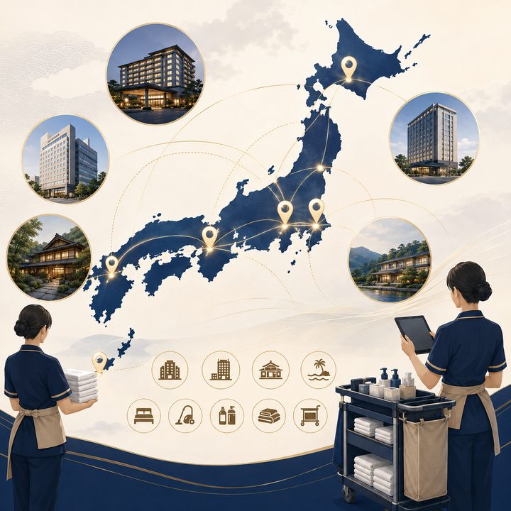 日本地図と全国のホテル・旅館。全国どこでも対応する拠点ネットワーク