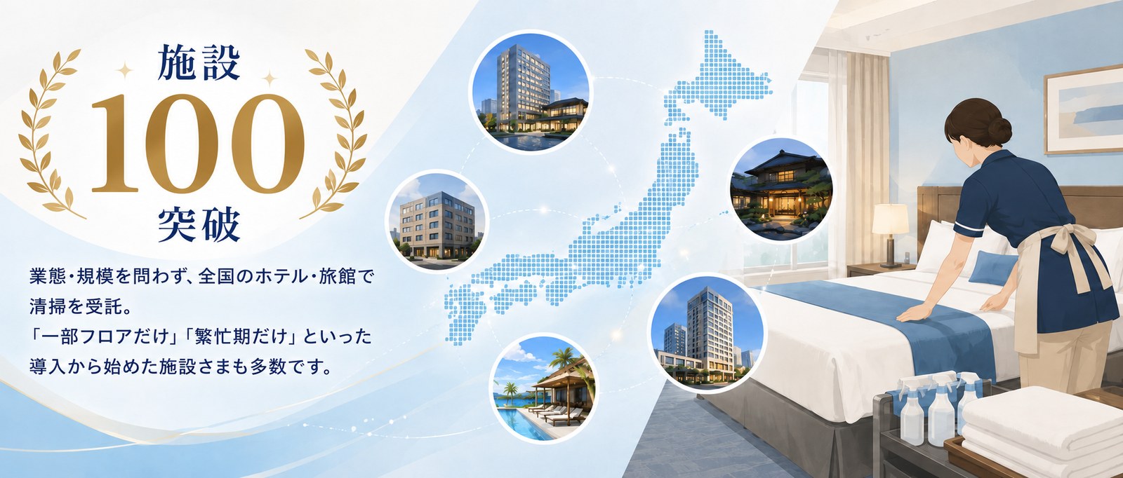 施設100突破。業態・規模を問わず、全国のホテル・旅館で清掃を受託。「一部フロアだけ」「繁忙期だけ」といった導入から始めた施設さまも多数です。